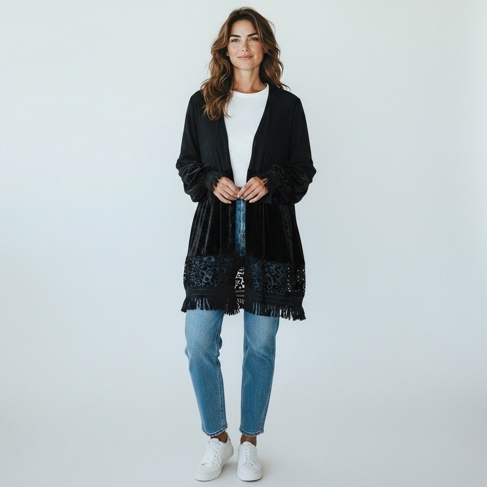 Black Velvet Burnout Lace Fringe Kimono Cardigan Open Front Wrap Duster boho OS